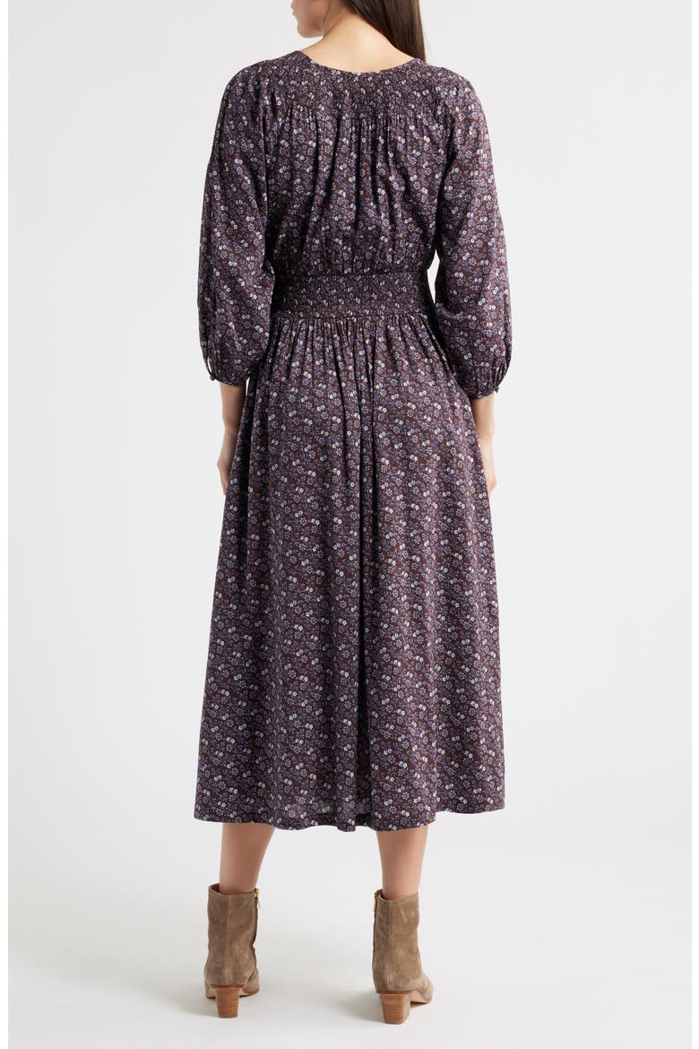 Shirred Splitneck Floral Midi Dress, Alternate, color, CHOCOLATE RAISIN