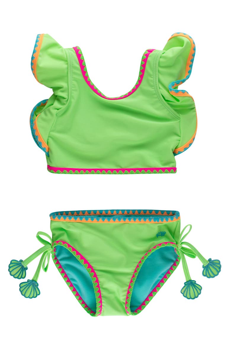 RuffleButts UPF50+ Crochet Detail Butterfly Tankini 2-Piece Swimsuit, Main, color, Neon Honeydew