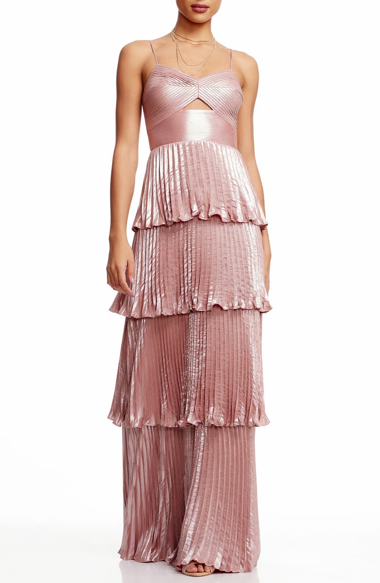 Dress the Population Zahrah Tiered Pleated Satin Evening Gown, Main, color, Rose
