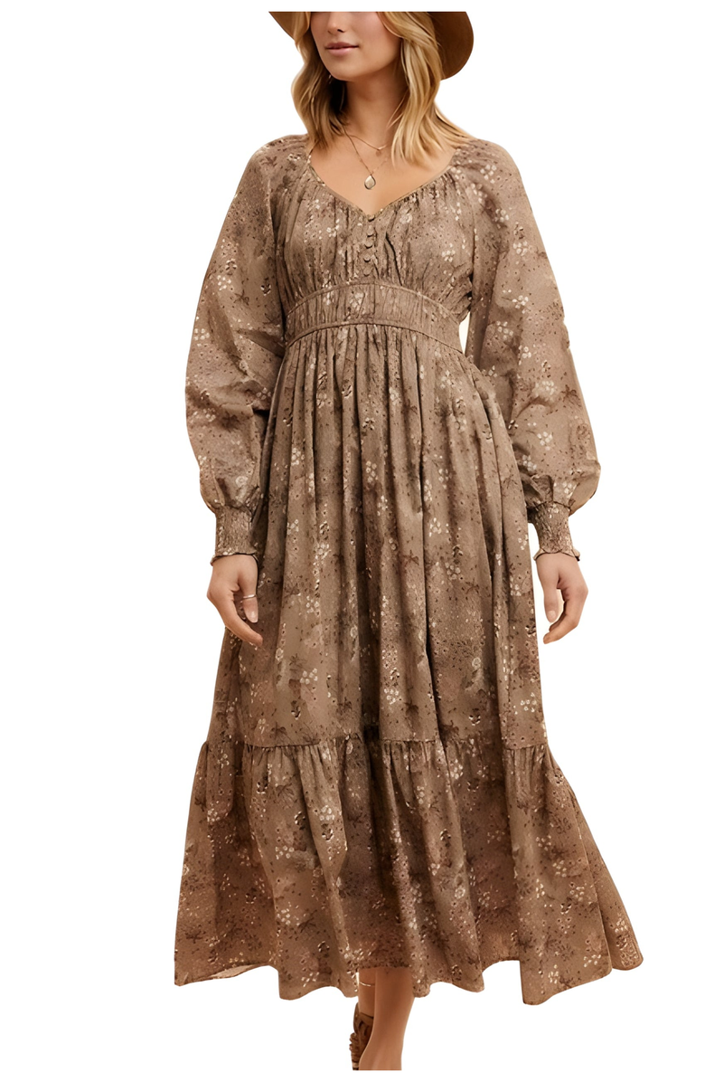 Knit and Lounge Long Sleeve Floral Print Ruffle Tiered Midi Dress with Empire Waist, Alternate, color, 