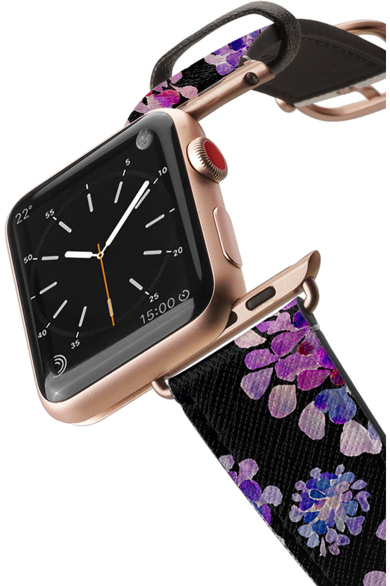 Saffiano Purple Flowers Faux Leather Apple Watch® Strap, Alternate, color, BLACK/ ROSE GOLD