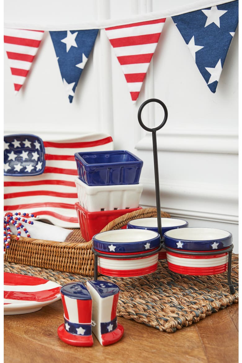 Patriotic Stars & Stripes Flag Ceramic Salt & Pepper Shaker Set of 2, Alternate, color, Blue