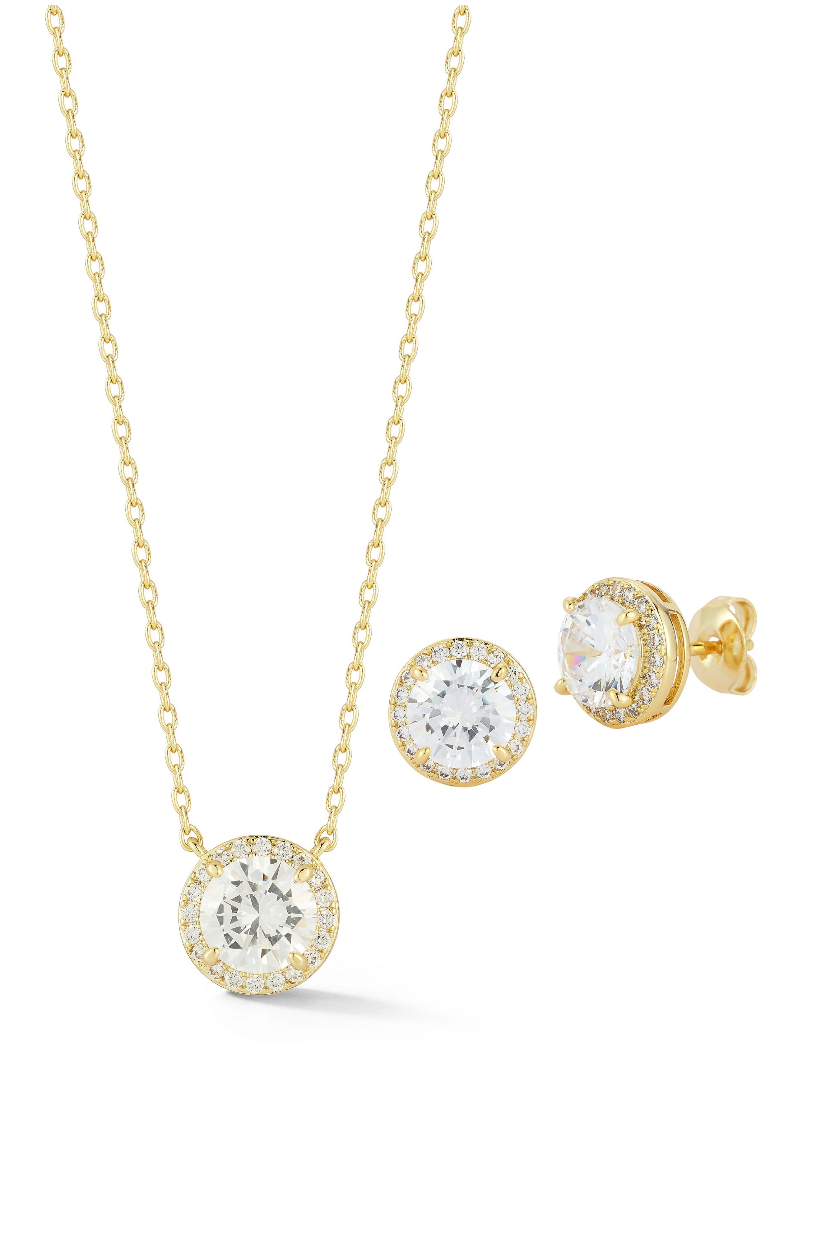 Cubic Zirconia Halo Pendant Necklace and Stud Earrings Set