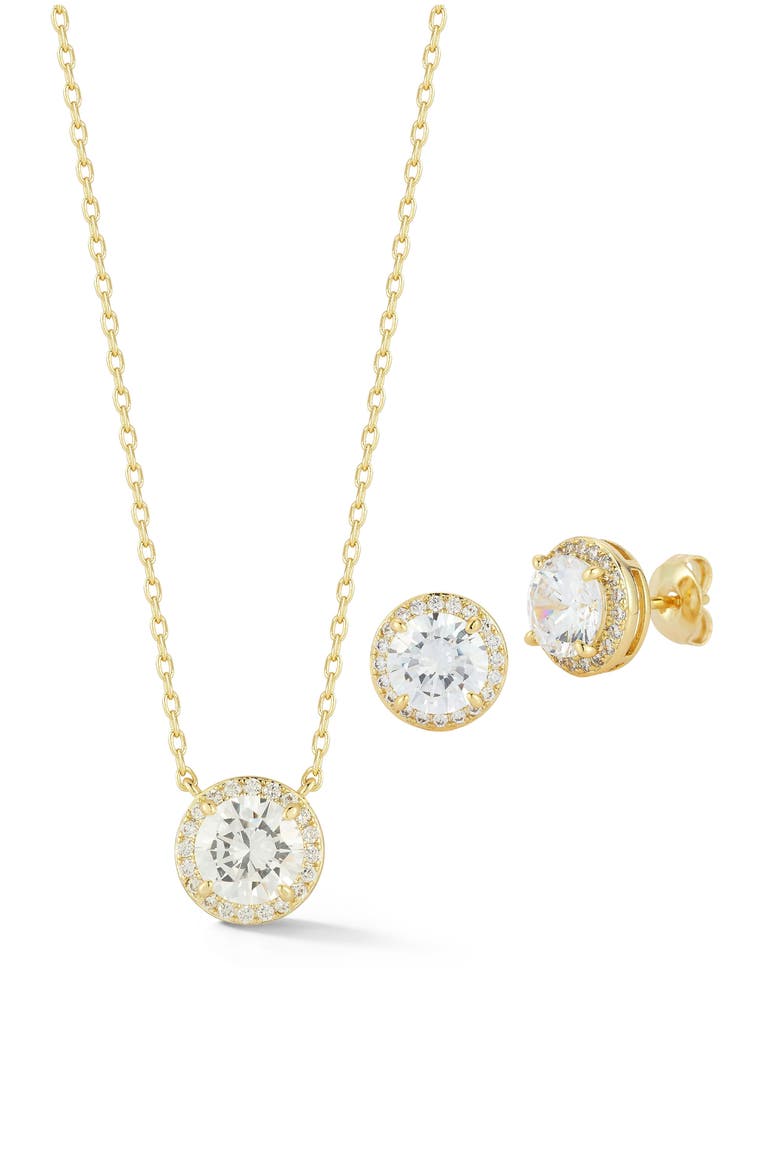 Cubic Zirconia Halo Pendant Necklace and Stud Earrings Set, Main, color, GOLD