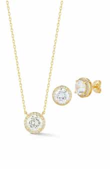 Cubic Zirconia Halo Pendant Necklace and Stud Earrings Set