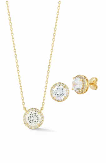 Cubic Zirconia Halo Pendant Necklace and Stud Earrings Set