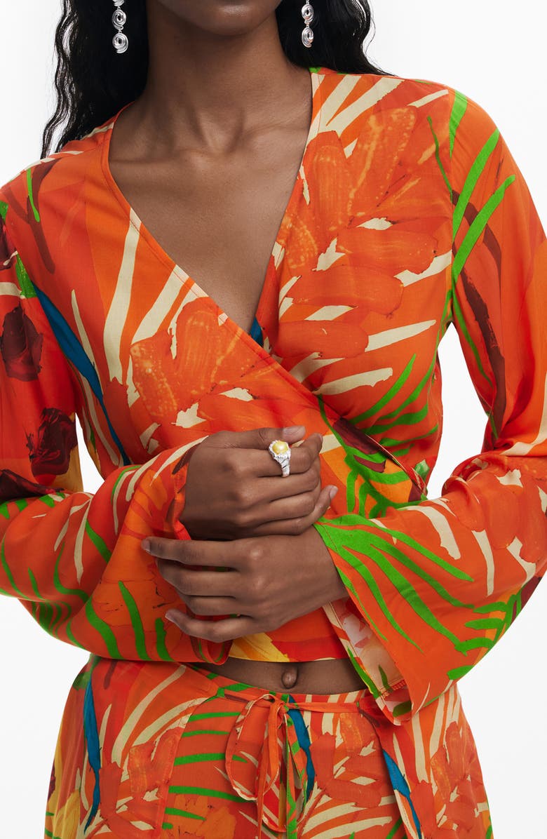 Desigual Long Sleeve Crop Wrap Top, Alternate, color, Orange