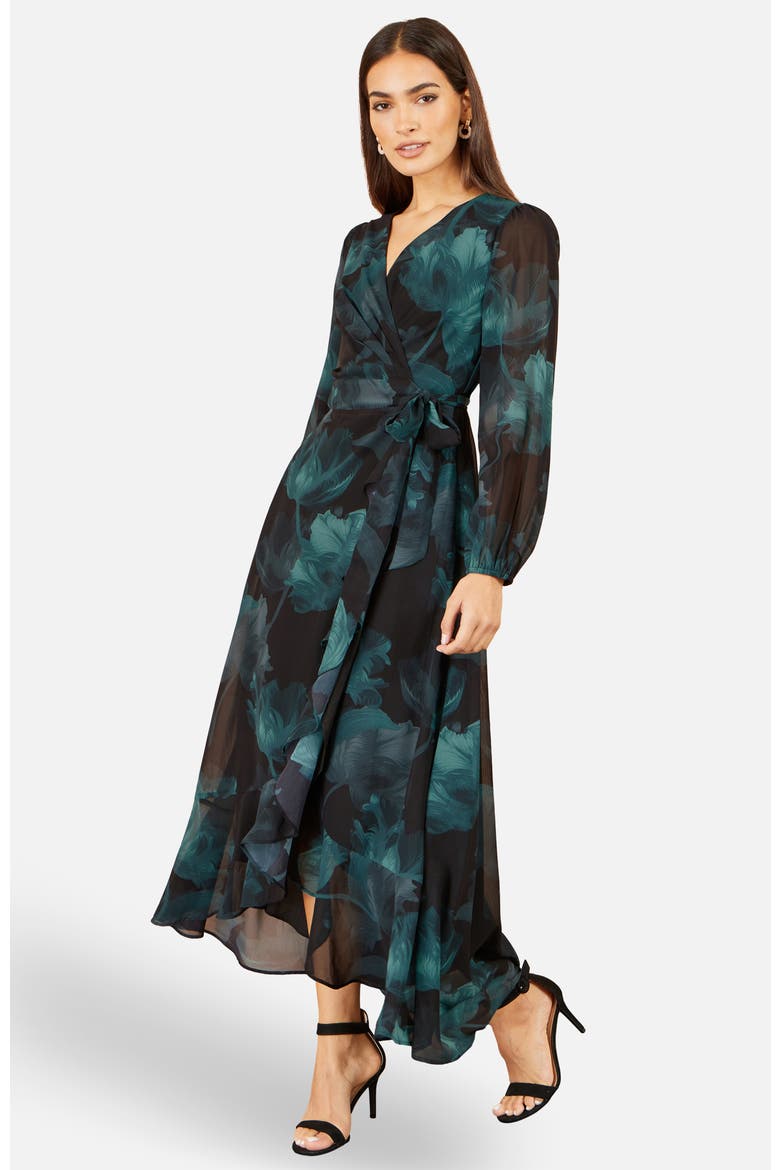 Floral Dipped Hem Wrap Midi Dress, Alternate, color, Black