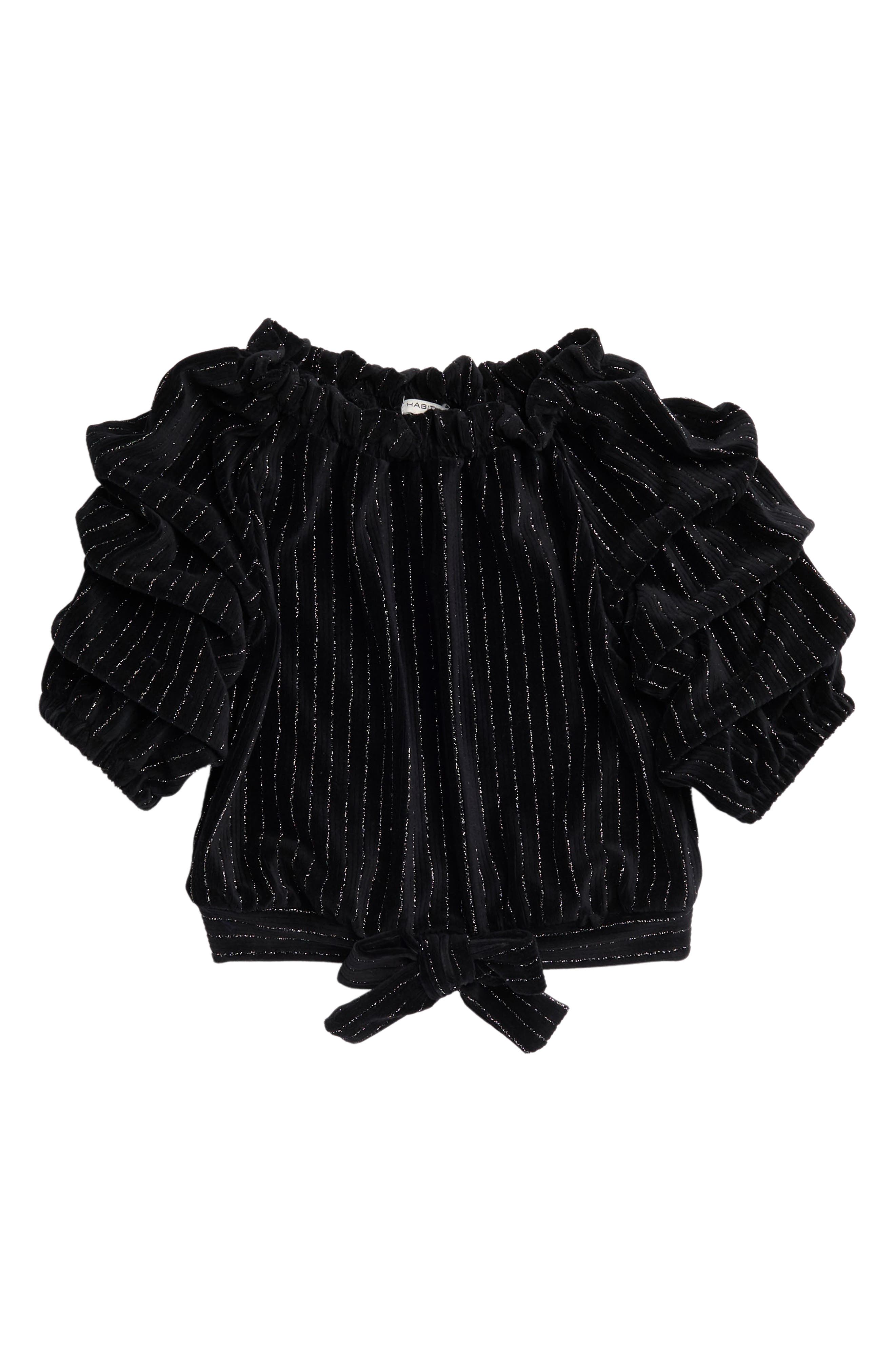 Habitual Kids Kids' Metallic Stripe Gathered Sleeve Velour Top in Black 