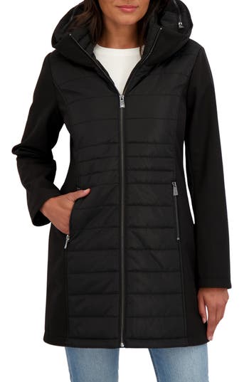 Sebby Water Resistant Mixed Media Softshell Coat In Black