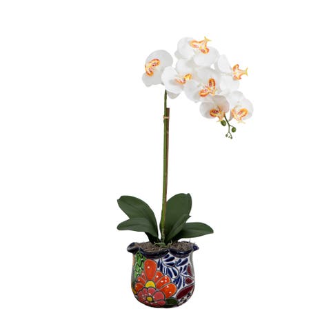 26-in Artificial Orchid Arrangement in Handmade Mexican Talavera Ceramic Planter