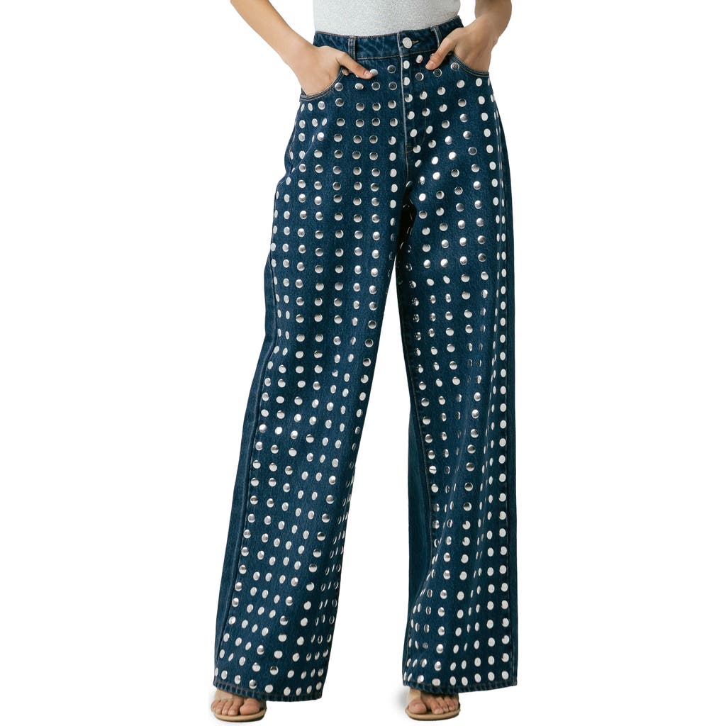 Blanknyc Franklin Studded High Waist Wide Leg Jeans In Blue