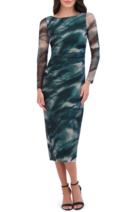 Print Long Sleeve Mesh Midi Dress