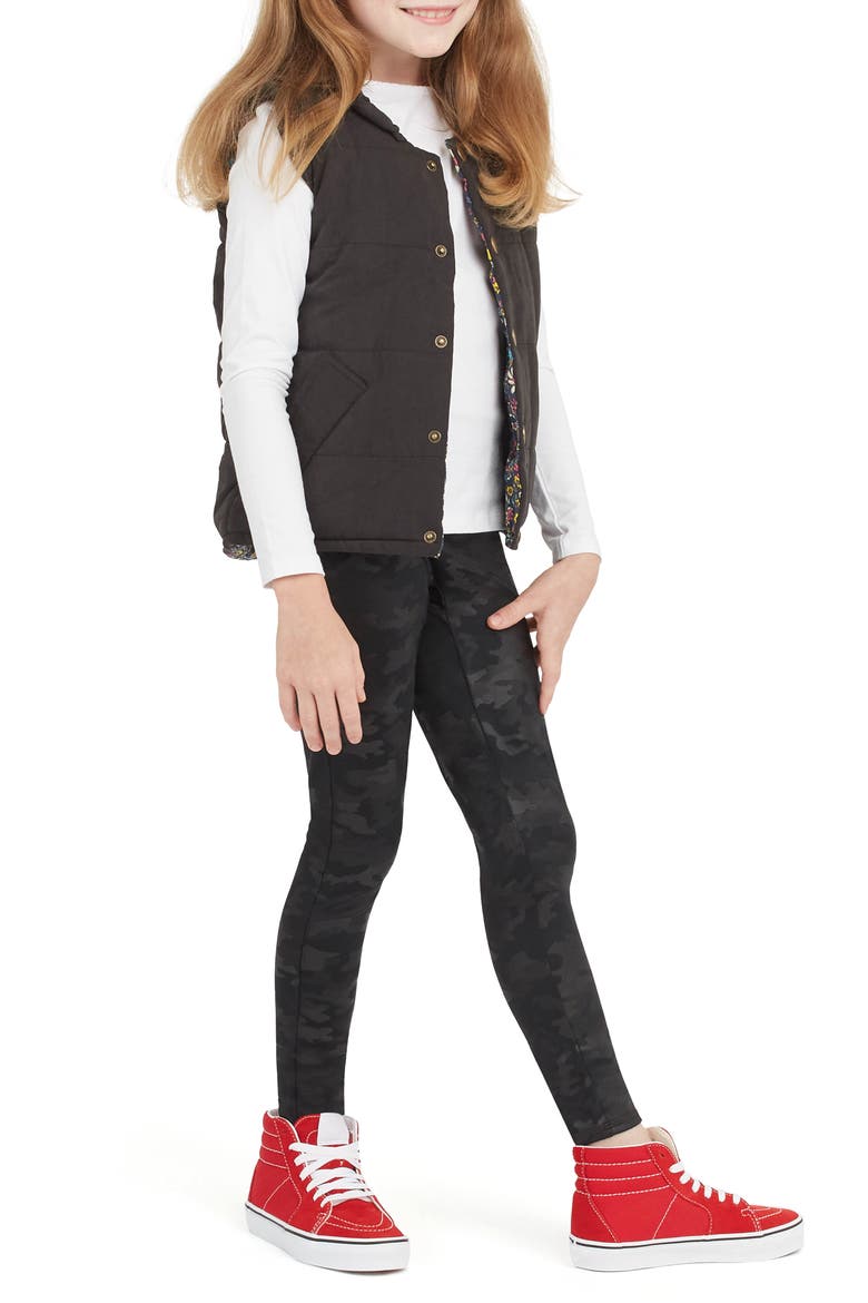 Kids' Camo Faux Leather Leggings, Alternate, color, BLACK
