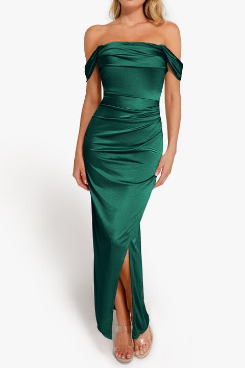 Shapewear Off Shoulder Shine Ruched Sculpting Maxi Dress