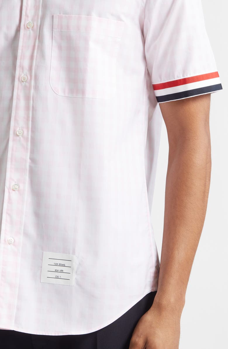 Thom Browne Straight Fit Gingham Plaid Short Sleeve Cotton Button-Down Shirt, Alternate, color, Light Pink
