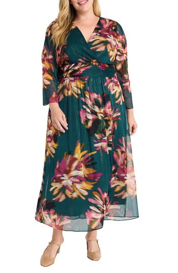 Maggy London Metallic Long Sleeve Chiffon Dress In Teal/pink Power