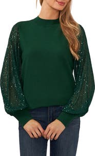 CeCe Sequin Sleeve Mock Neck Sweater