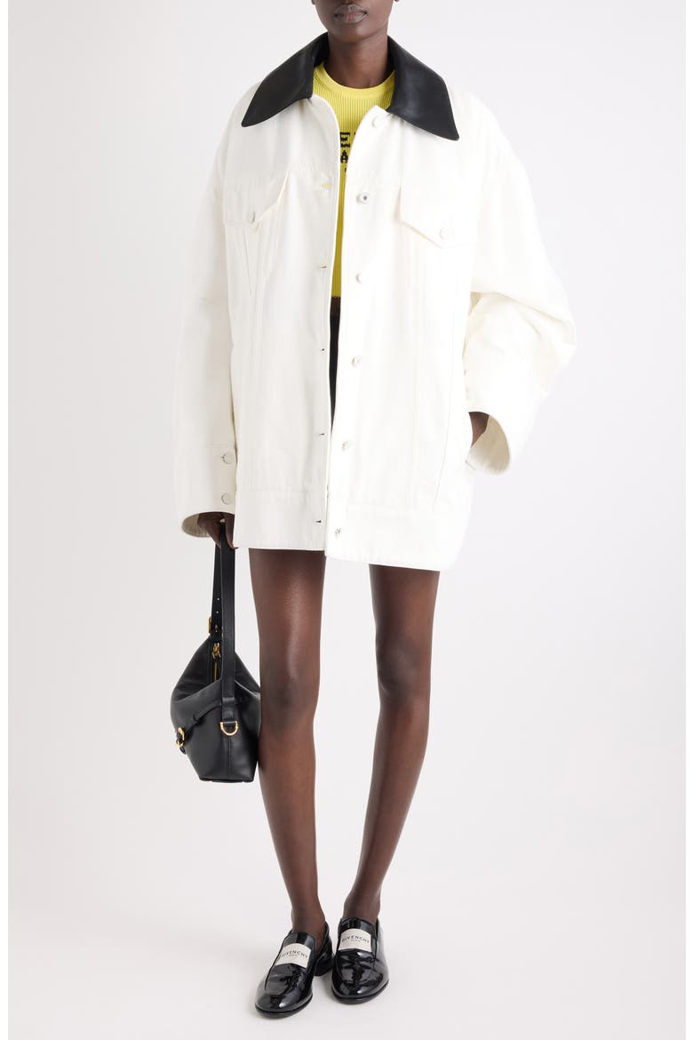 Oversize Denim Trucker Jacket with Leather Collar, Alternate, color, OFF WHITE
