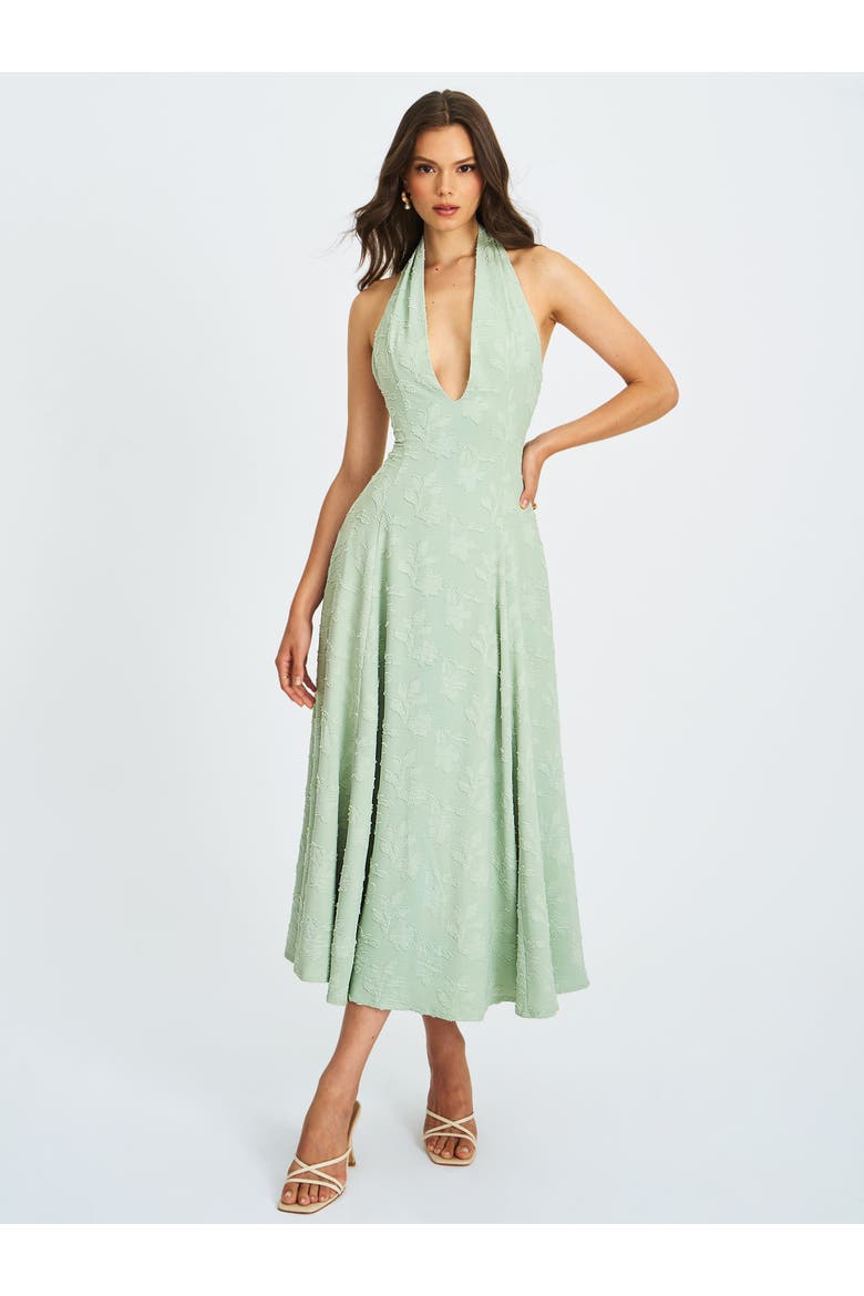 Magda Deep V Neck Halter A-line Midi Dress, Alternate, color, Mint Green