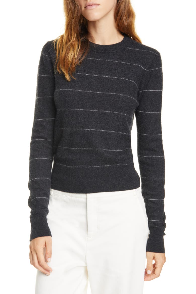 Stripe Fitted Cashmere Crewneck Sweater, Main, color, H CHARCOAL/ HEATHER DOVE OAT