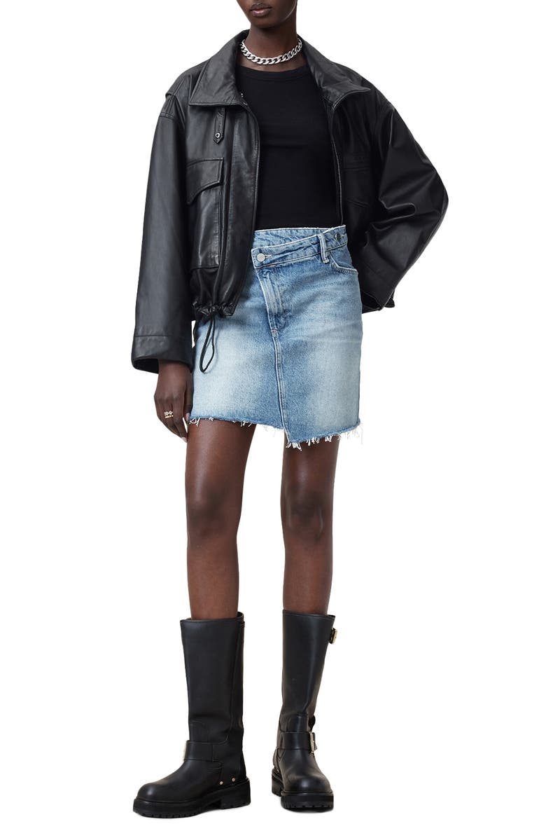 AllSaints Aki Fray Hem Crossover Denim Miniskirt, Alternate, color, Light Indigo