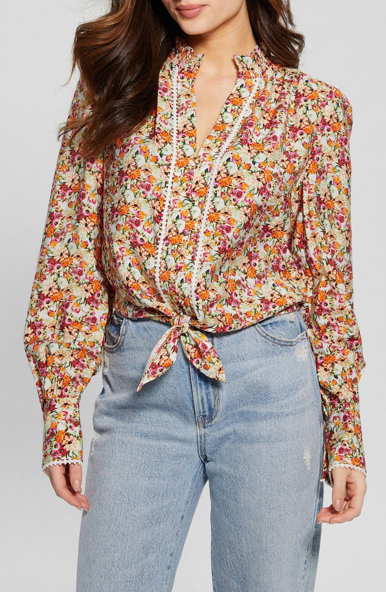 GUESS Rita Floral Tie Hem Button-Up Shirt, Main, color, 