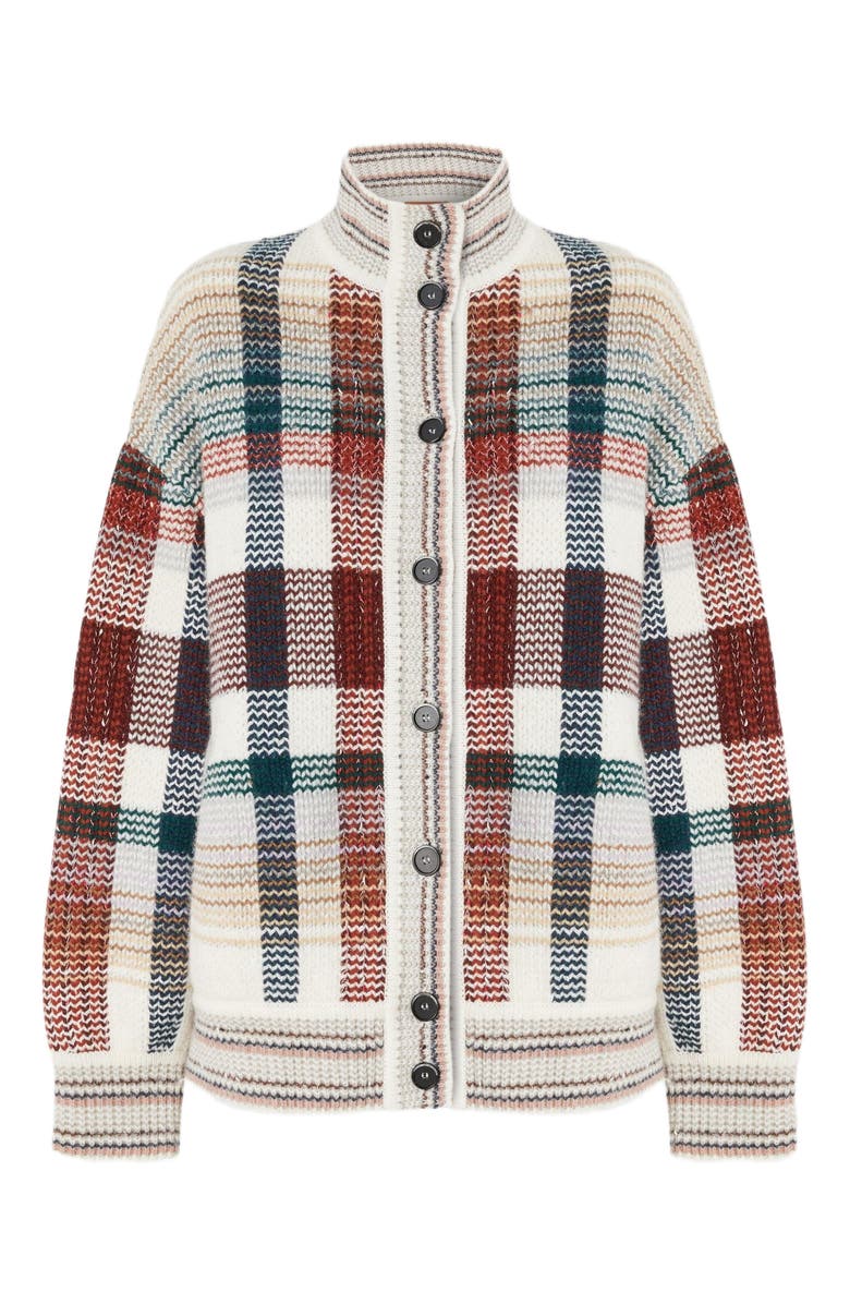 Missoni Oversized Buttoned Cardigan With Check Pattern, Alternate, color, White & Burgundy