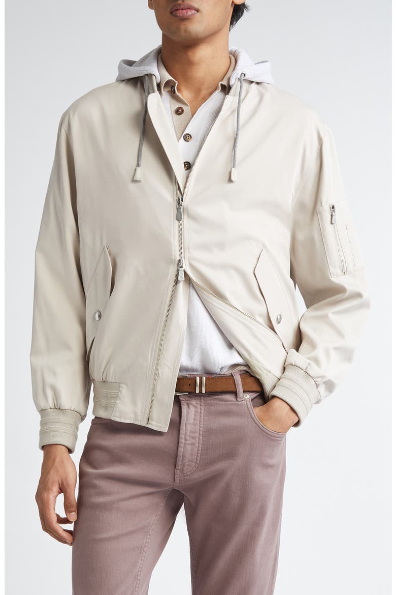 Silk Hoodie Bomber Jacket, Main, color, SAND AND LT GREY
