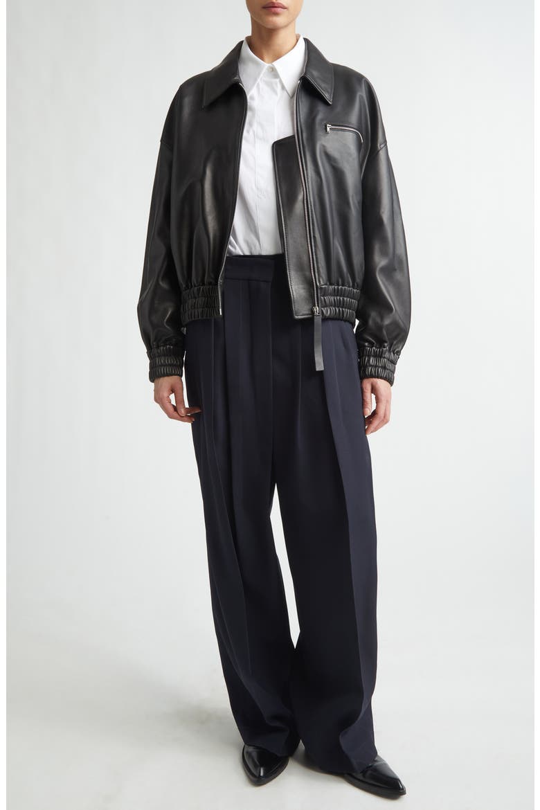 Boxy Sheepskin Leather Zip Blouson Jacket, Alternate, color, BLACK