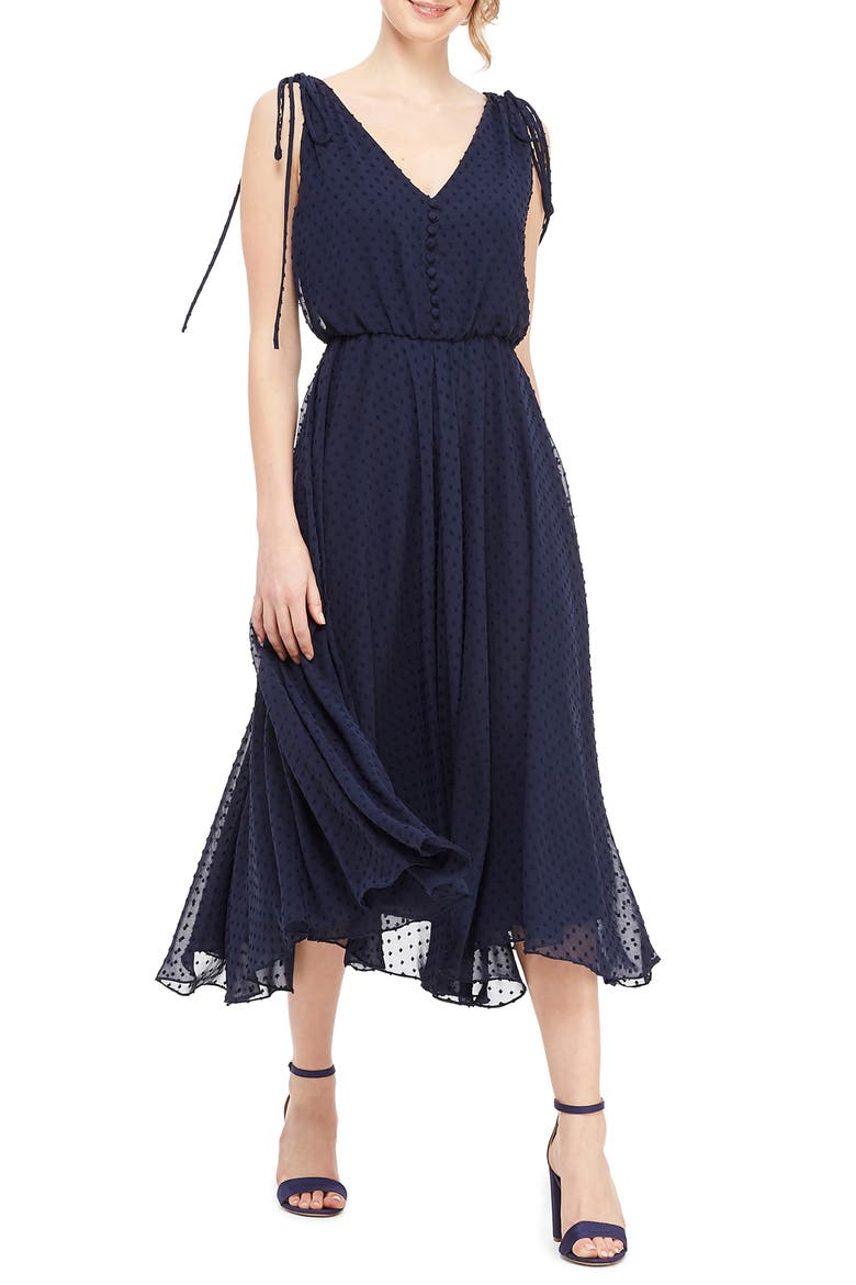 Hilary Clip Dot Chiffon Midi Dress, Main, color, NAVY