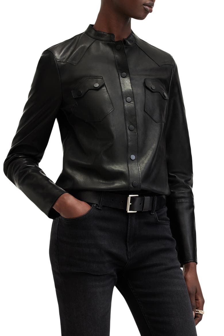 Rock Western Leather Snap-Up Shirt, Main, color, BLACK