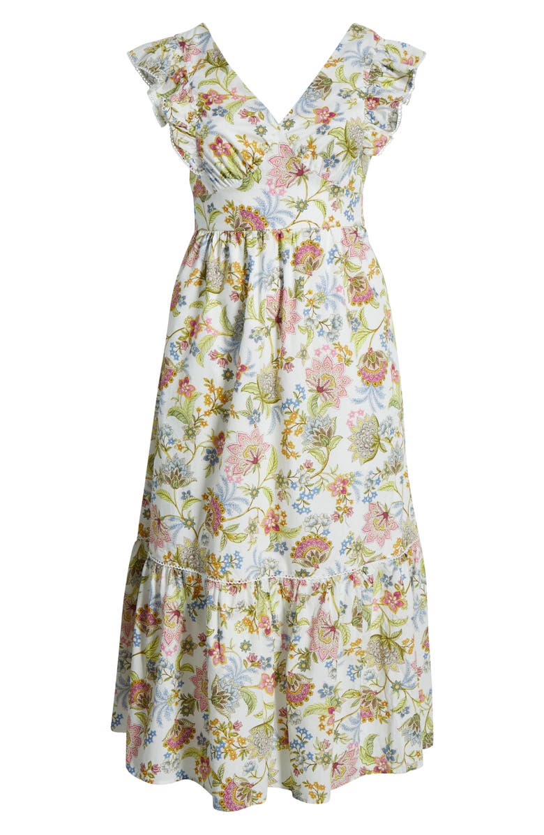 SUGARLIPS Pany Floral Mawar Ruffle Sleeve Cotton Maxi Dress, Alternate, color, Ivory/ Pink/ Green/ Blue