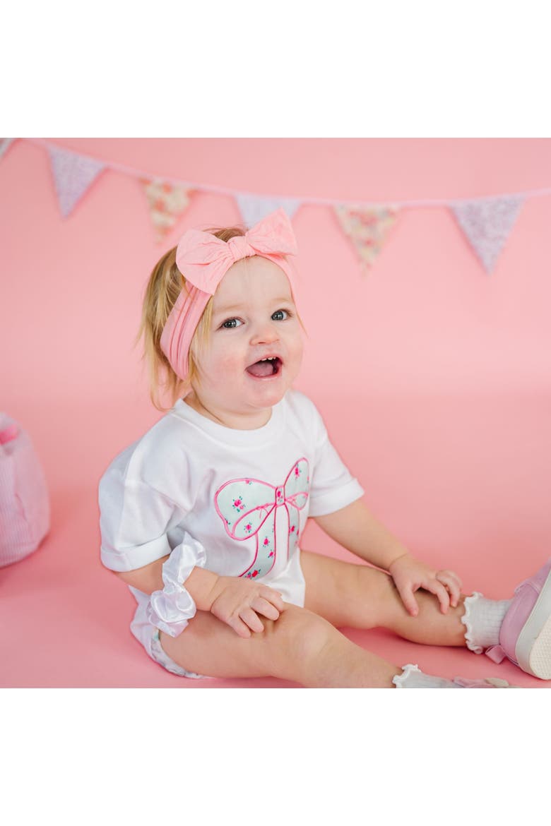 Sky Blue Floral Bow Short Sleeve Romper, Alternate, color, White
