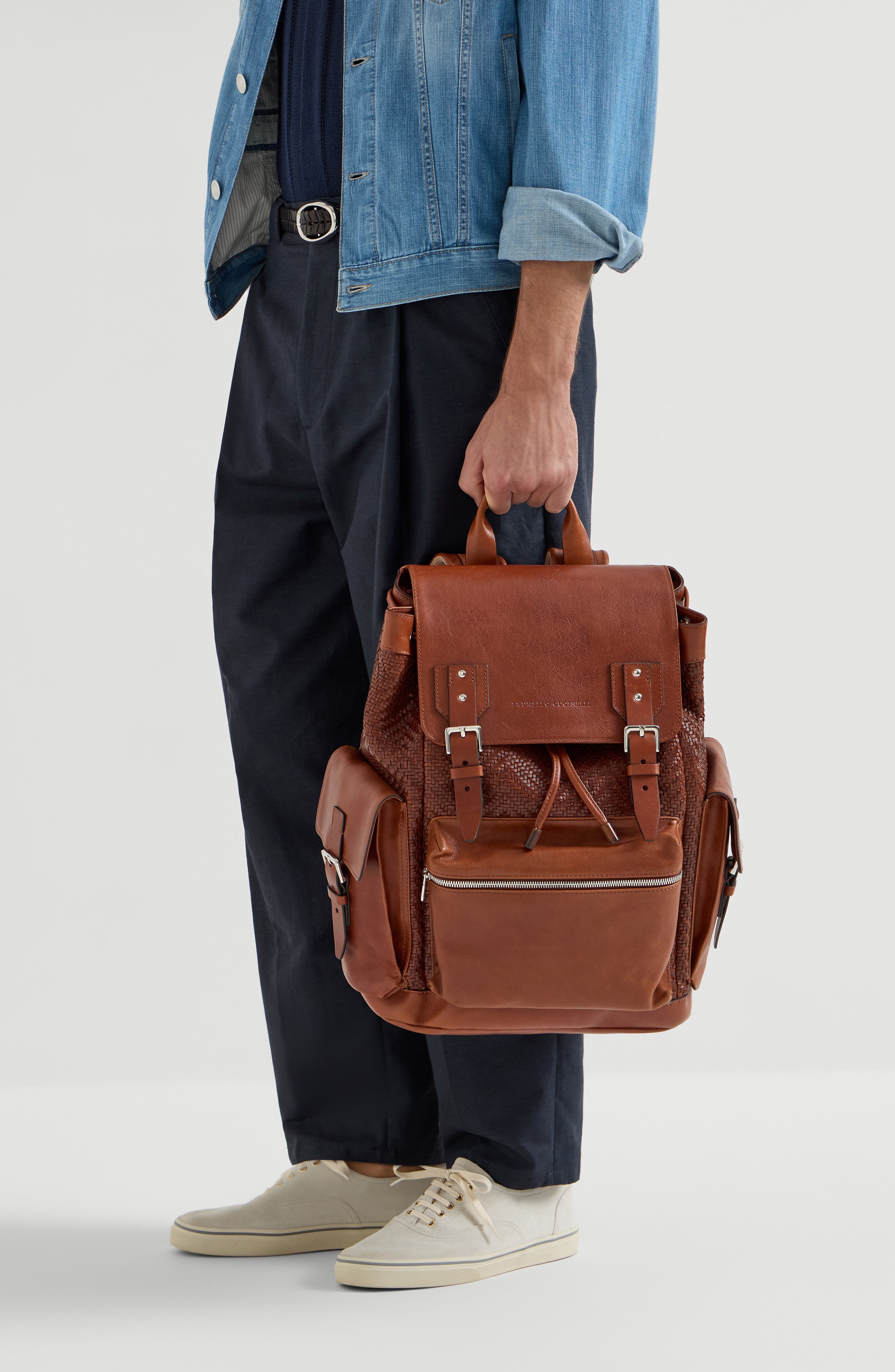 Brunello Cucinelli Calfskin and cowhide backpack, Alternate, color, Cognac