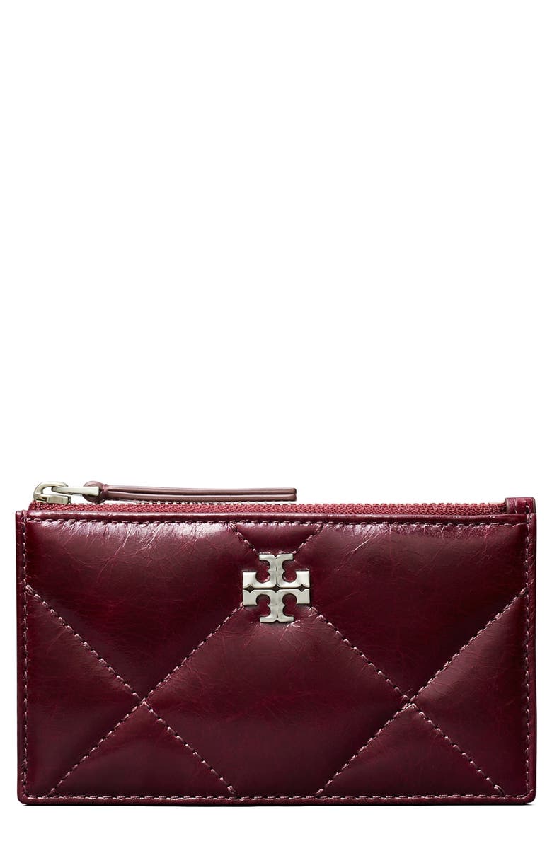 Tory Burch Small Kira Quilted Leather Card Case, Main, color, Dark Carmine