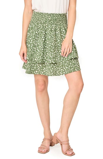 GIBSONLOOK Isla Print Smocked Waist Skirt in Dark Olive Dot Print at Nordstrom Rack, Size Xx-Large