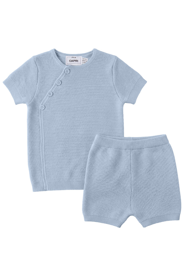 Boy Wrap Cotton Knit Decorative Stitch Button Top and Shorts Set, Main, color, Blue