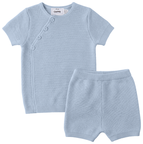 Boy Wrap Cotton Knit Decorative Stitch Button Top and Shorts Set