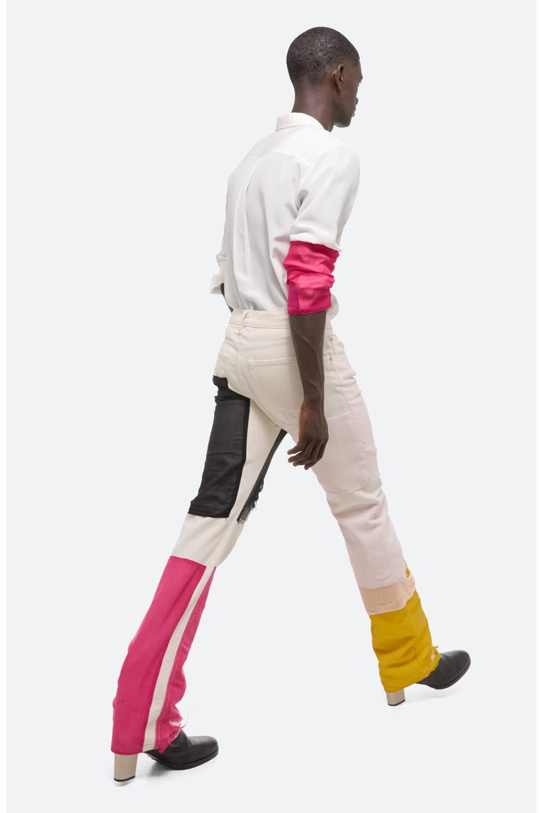 Helmut Lang Colorblock Distressed Silk Chiffon Panel Straight Leg Jeans ...