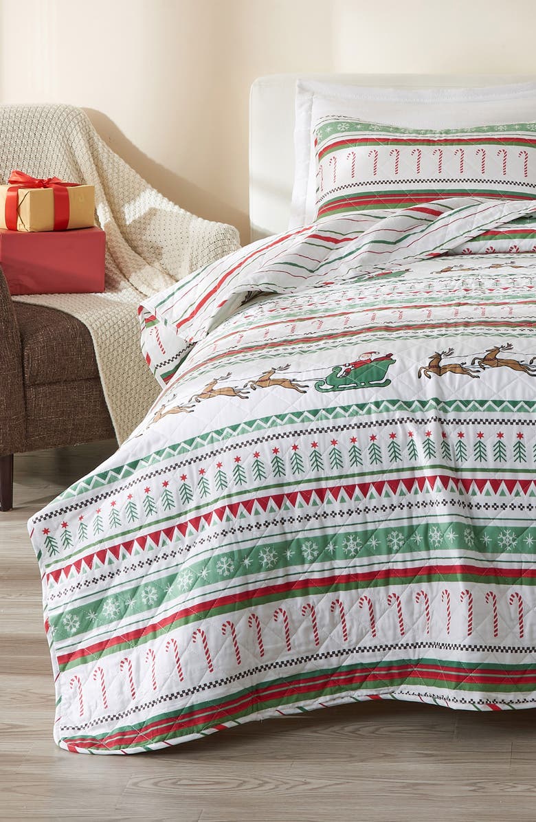Woven & Weft Winter Holiday Microfiber Quilt Set, Alternate, color, Festive Stripes