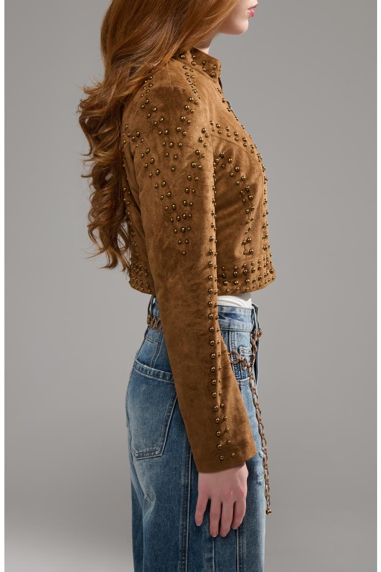 Silza Studded Faux Suede Moto Jacket, Alternate, color, BROWN