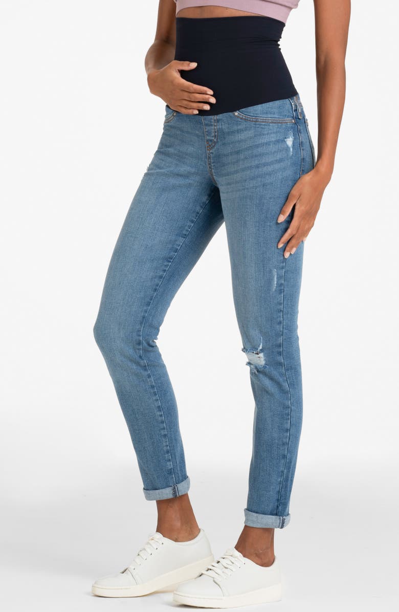 Seraphine Cuff Over the Bump Distressed Boyfriend Postpartum Jeans, Alternate, color, 