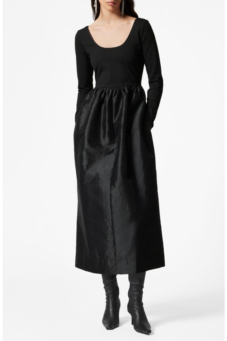 Long Sleeve A-Line Midi Dress, Main, color, BLACK DARK