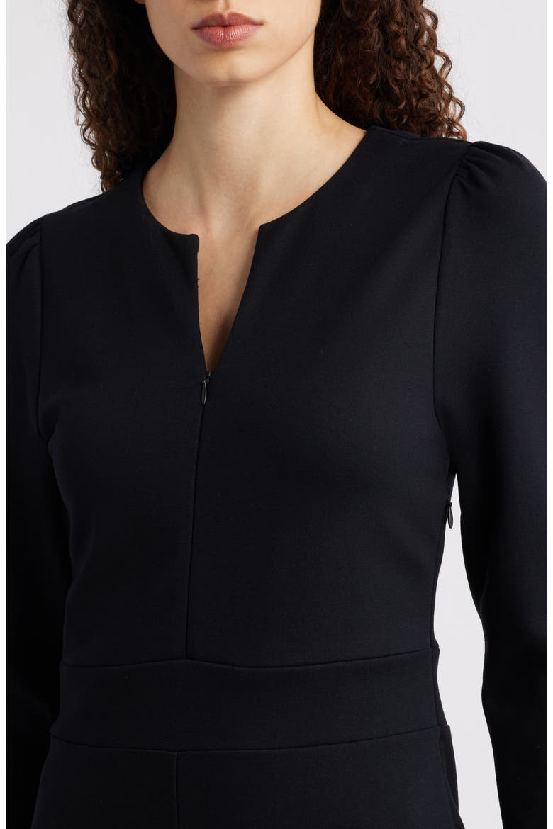 Half-Zip Long Sleeve Ponte Midi Dress, Alternate, color, BLACK