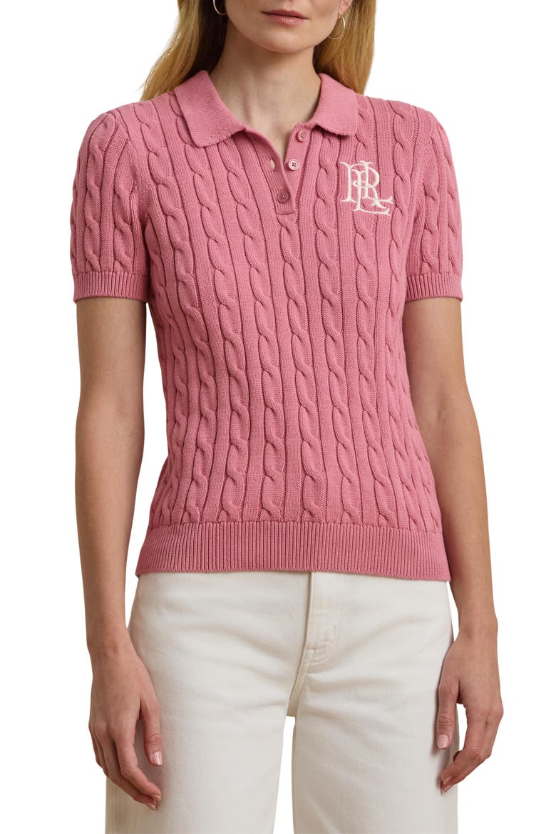 Embroidered Cable Cotton Polo Sweater, Main, color, ROSE MAUVE