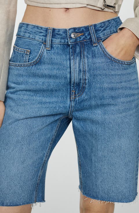 Frayed Hem Denim Bermuda Shorts