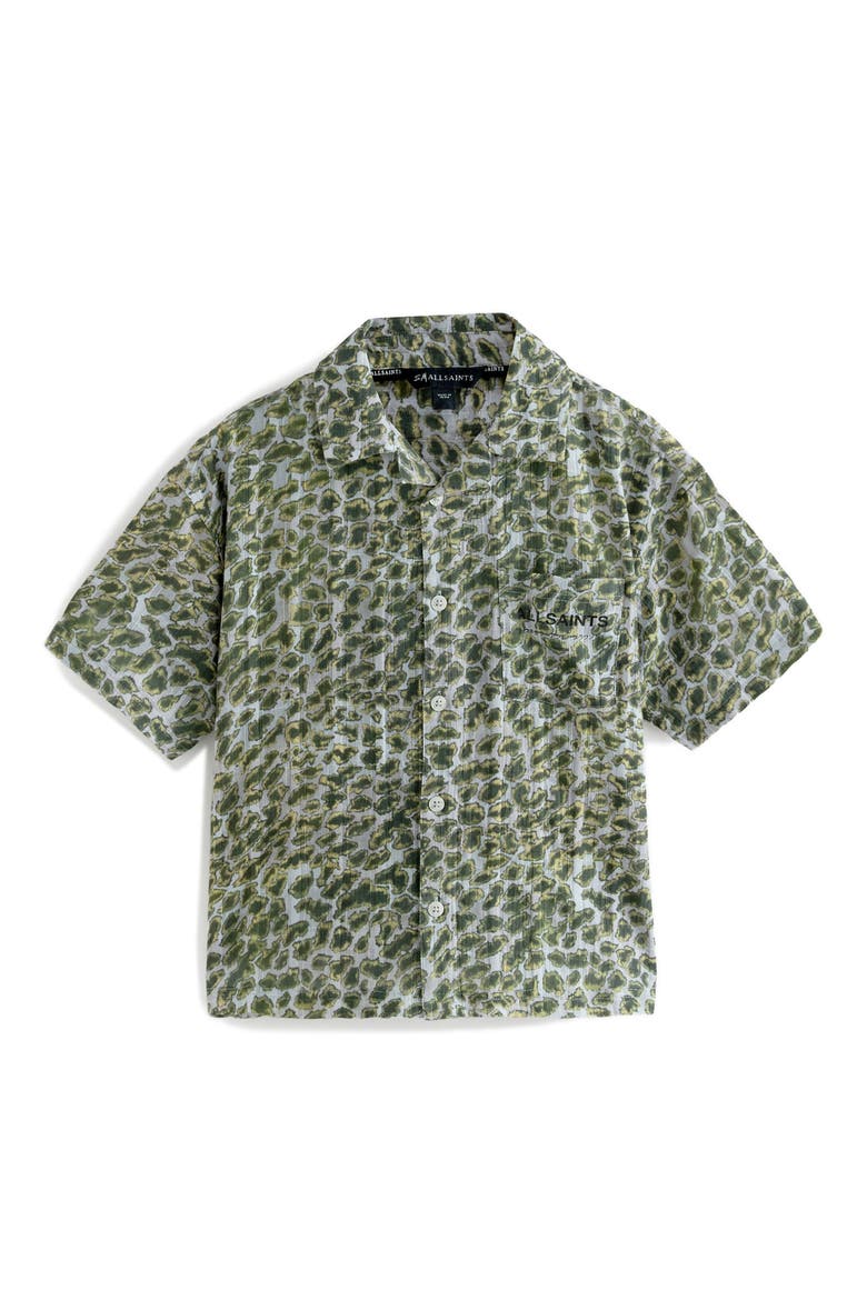 Kids' Animal Print Short Sleeve Cotton Button-Up Shirt, Main, color, GREEN