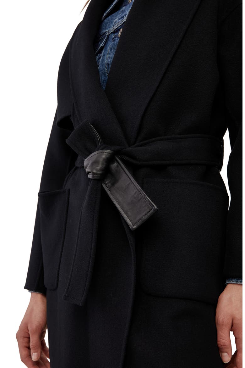 Thalia Double Face Tie Waist Wool Coat, Alternate, color, BLACK
