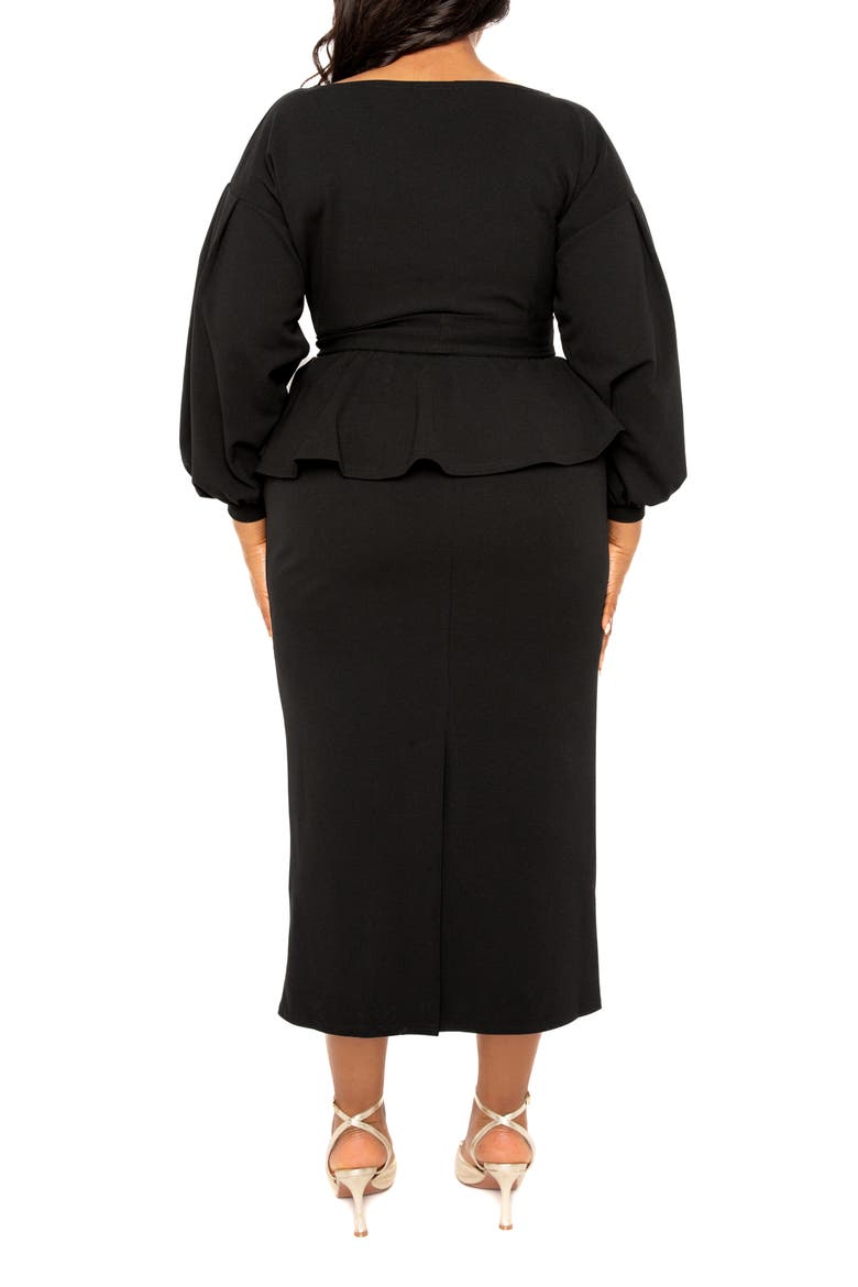 Convertible Shoulder Belted Peplum Midi Dress, Alternate, color, BLACK